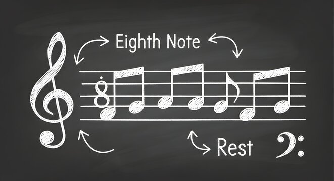 Learn the basics of music theory with clear examples of eighth notes and rests drawn on a chalkboard for educational purposes