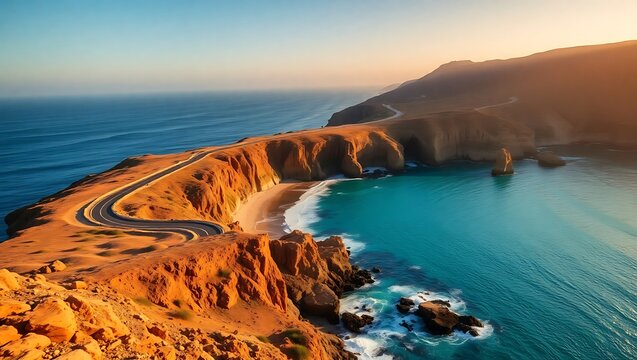 Aerial view of a coastal road winding along cliffs near a beach with turquoise water at sunset - Powered by Adobe