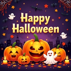 Halloween celebration poster with pumpkins ghosts autumn leaves festive banner design