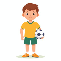 A young boy with brown hair stands holding a soccer ball, wearing a yellow shirt and green shorts.