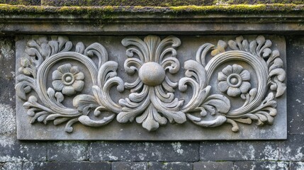 Ornate stone carving, symmetrical design with floral motifs