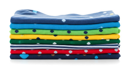 A stack of folded colorful socks with polka dots and stripes on a white background studio shot