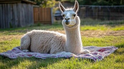Peaceful Alpaca Resting on a Colorful Blanket in a Green Meadow