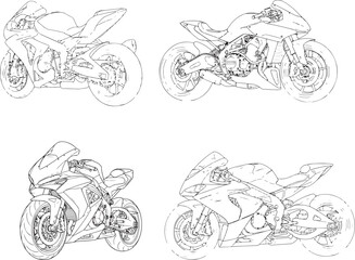 Black and white line art illustration of four sport motorcycles