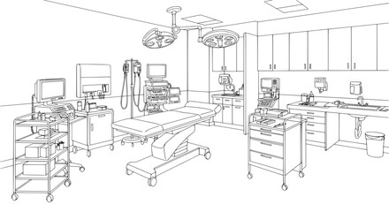 Detailed surgical room sketch with equipment, clean modern design, for medical illustrations and healthcare visuals