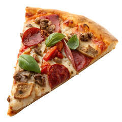 A whole single meat-lover's slice isolated on a transparent background
