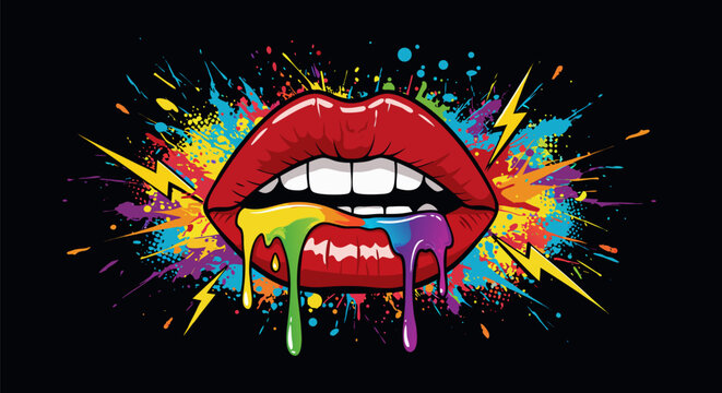 Expressive pop art illustration of red lips with dripping rainbow paint. A colorful splash and lightning bolts explode on a black background.