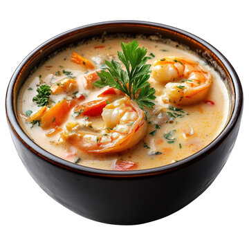 Creamy shrimp bisque with parsley garnish, a flavorful seafood soup featuring tender shrimp and aromatic herbs, perfect for culinary presentations on transparent background