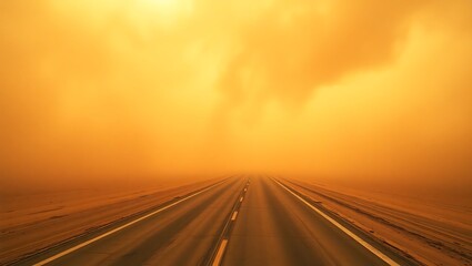 A straight road disappearing into a dense orange dust storm with limited visibility ahead of the way