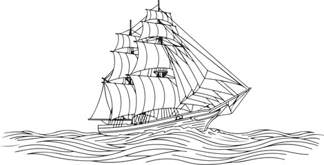 Black and white vintage sailboat illustration, vector graphic
