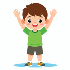 Happy boy with arms raised, celebrating joyfully.
