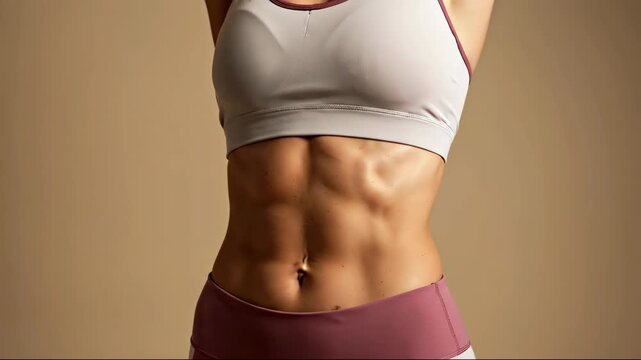 Fit woman sports bra showing toned abs core muscles fitness training. Athletic physique body sculpting concept. Fitness services personal training gym membership banner - Powered by Adobe