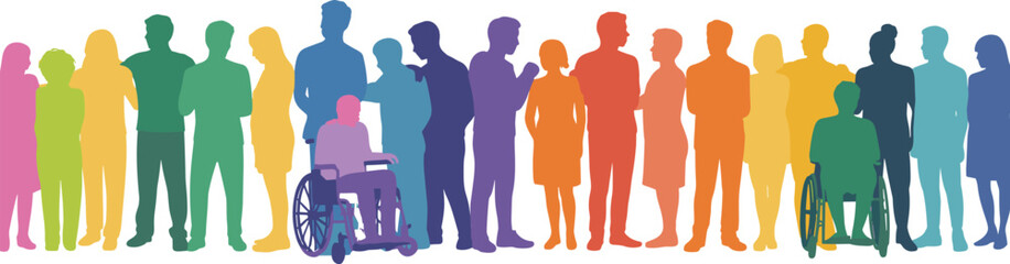 Colorful diverse community silhouettes, inclusion and accessibility, people with disabilities, unity, equality, teamwork, social support, human rights, group diversity.