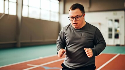 Overweight man with syndrome down running indoor track athletic facility fitness training motivation. Weight loss exercise determination concept. Fitness services personal training weight loss banner