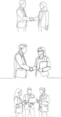 Business meeting handshake, line art illustration with confident man and woman in suit