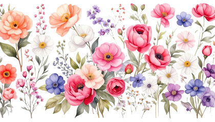 Watercolor floral elements set - bright peach color, white, pink, blue flowers, rose,
