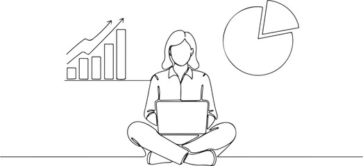 Woman working on laptop with charts and diagrams, single line drawing.