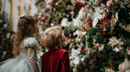 Children in festive costumes admiring decorated Christmas tree