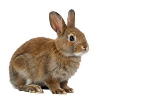 Attentive fluffy brown rabbit with soft, detailed fur and perked ears, its bright eyes intently focused, eye-level medium shot on transparent studio background. Concept of business agility and