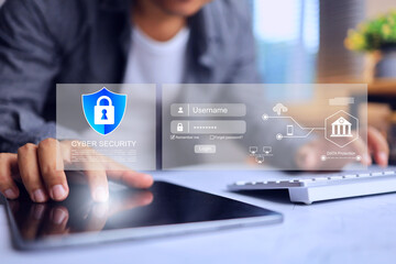 cyber security concept with user enter username and password to login and access digital banking that protected by security technology for safety from cyber attacks and crime