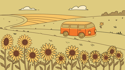 A cheerful vector illustration of an orange vintage van driving through a scenic countryside with rolling hills and a field full of blooming sunflowers. Peaceful summer road trip in nature.