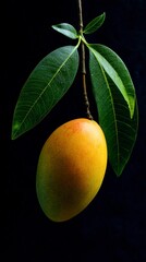 Ripe mango with leaves on black background
