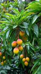 Ripe mangoes hanging from branches
