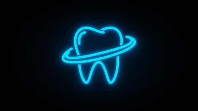 Neon blue tooth graphic with a ring, symbolizing dental care and hygiene in a modern design