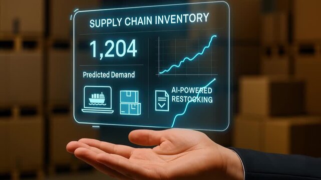Supply chain inventory management predicted demand AI powered restocking digital interface logistics futuristic technology data analytics warehouse efficiency business display hand gesture hologram - Powered by Adobe