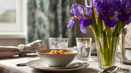 Soup and flowers on a table setting