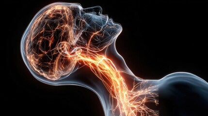 Abstract path flows from brainstem, glowing, tracing vagus nerve through torso, vivid energy pulse