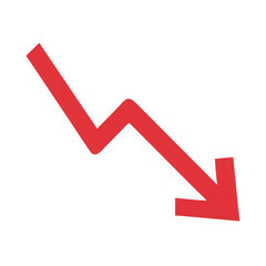 A bold red downward trending arrow indicating financial decline isolated on transparent background