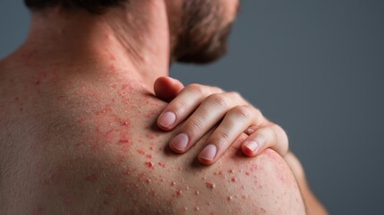 A close-up of a person's shoulder with red skin blemishes and a hand resting on it.