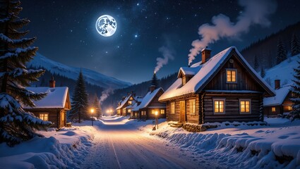 A snowy village at night with a full moon and lighted windows in the cozy wooden houses in winter