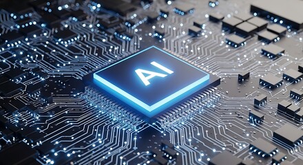Glowing ai processor chip at the center of a complex electronic circuit board, symbolizing artificial intelligence and advanced computing