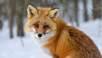 Fototapeta premium Red Fox in Winter Wonderland: Majestic Portrait, Serene and Alert in Snowy Forest.