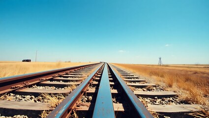 Railroad tracks stretching into the distance under a clear blue sky on a sunny day in the countryside