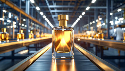 Perfume production line with elegant amber glass bottles arranged in a row, showcasing luxury fragrance manufacturing in a modern factory setting.