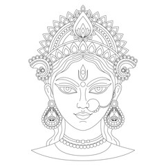 Vector isolated goddess Durga face in black line art