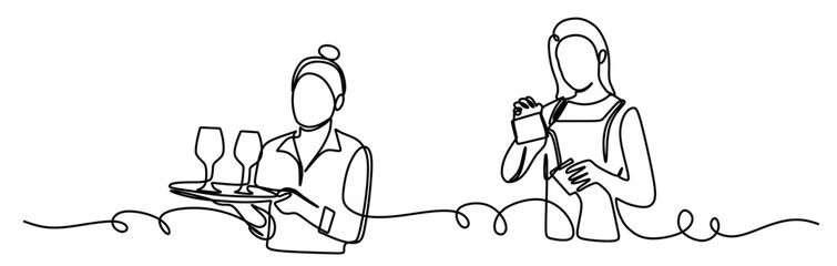 continuous line art of two women who work as cafe waitresses pouring drinks into glasses carrying a glass of drink isolated with a transparent background.