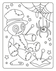 Black and white vector Halloween coloring page with a voodoo doll, spider, cobweb, and stars. Perfect spooky illustration for kids and adults to color.