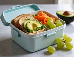 Healthy packed lunch in a bento box with an avocado sandwich, shredded carrots, and fresh green grapes for a nutritious meal.