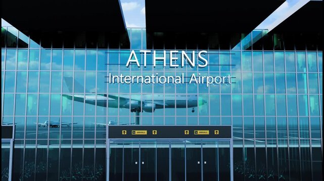Airlane landing at Athens International Airport. Arrival in the city with reflection of airport