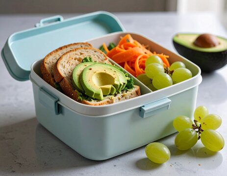 Healthy packed lunch in a bento box with an avocado sandwich, shredded carrots, and fresh green grapes for a nutritious meal.
