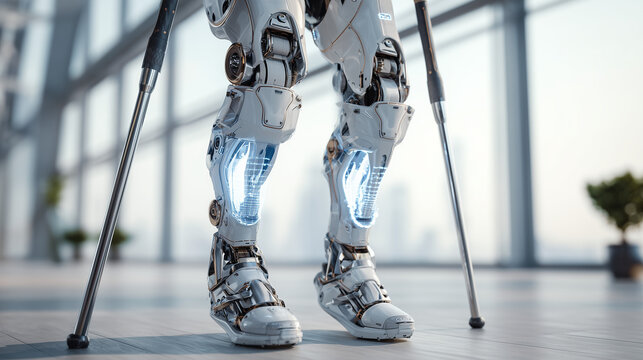 Futuristic bionic legs with glowing elements and exoskeleton design, person standing with crutches in a modern interior with large windows