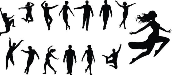 Silhouettes of jumping, dancing, running, celebrating men and women, active lifestyle, energetic poses, vector illustration, movement, fitness, joy, freedom.