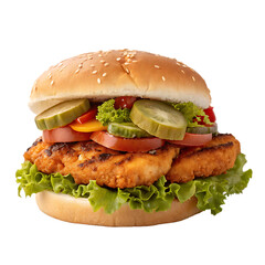 A whole single spicy chicken burger isolated on a transparent background