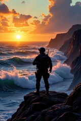 Obraz premium Soldier Standing on Rocky Coast During Dramatic Sunset View