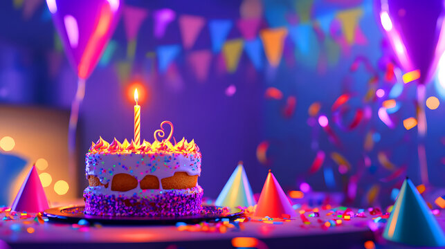 Festive birthday celebration with cake confetti and balloons in vibrant colors - Powered by Adobe