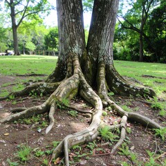 Obraz premium Large tree with strong, exposed roots spreading across a green park, showcasing natures resilience.